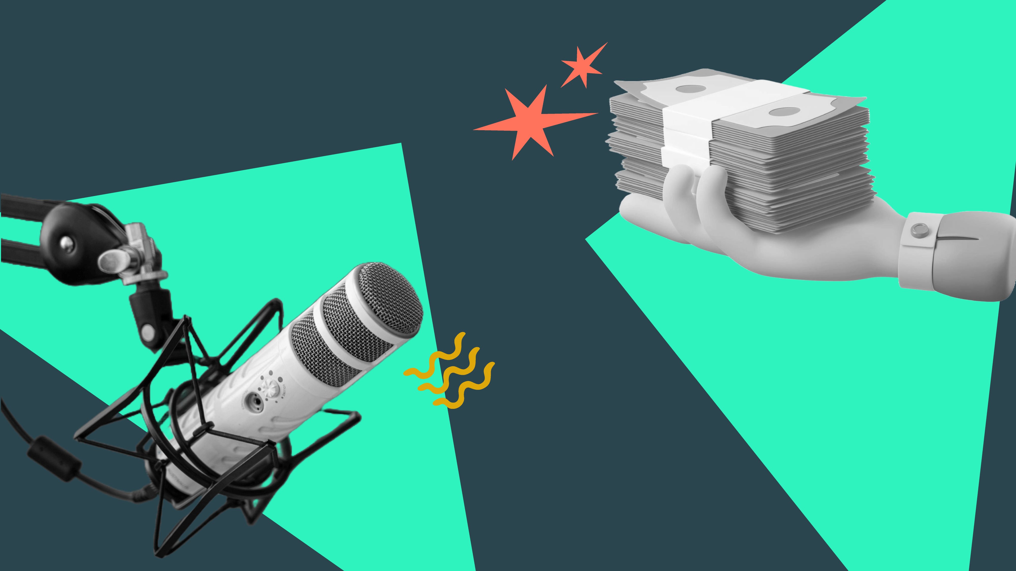 A person holding a pile of cash in front of a recording microphone